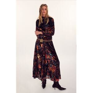 Free People NWT Bali Painterly Paisley Velvet Maxi Dress Open Back Black Size XS